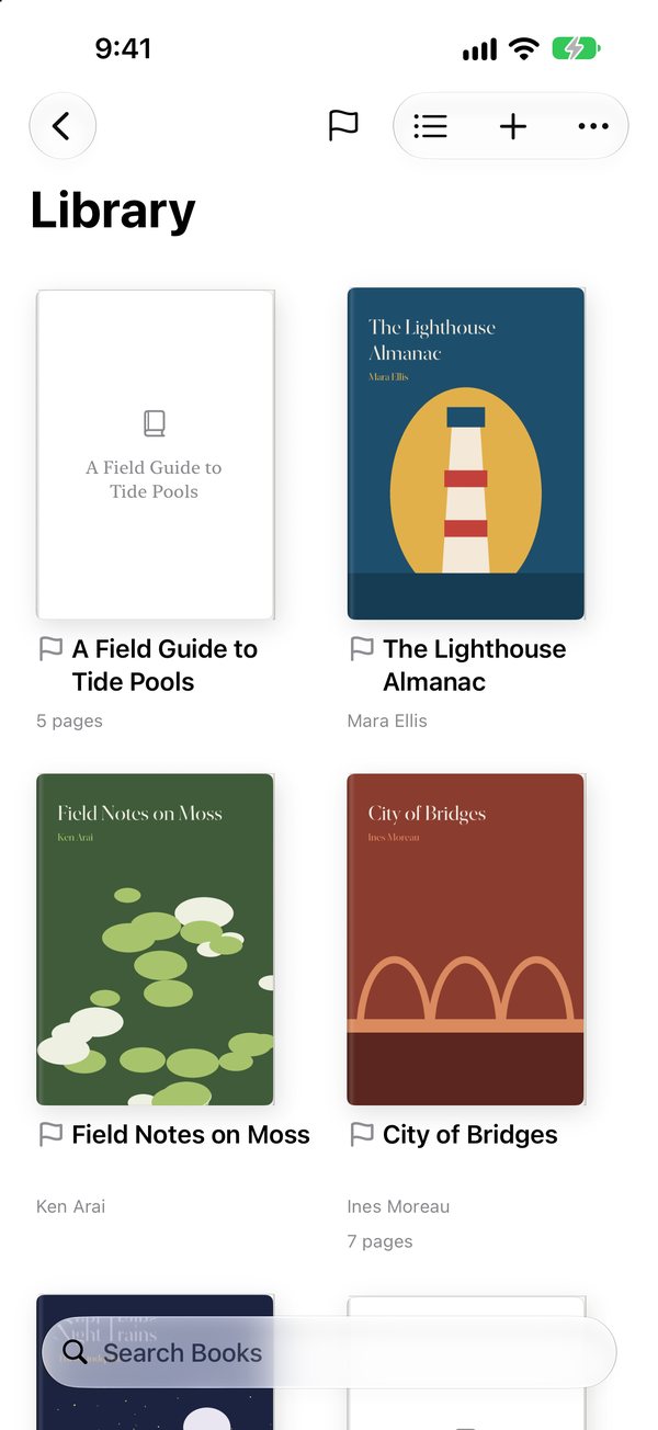 Flash Books on iPhone: book covers in two columns in the library.