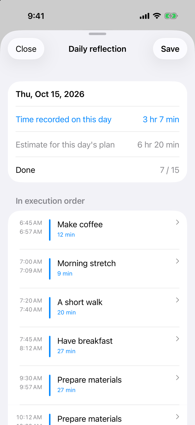 Daily reflection: time recorded on the day, and sessions listed in execution order with times and actuals