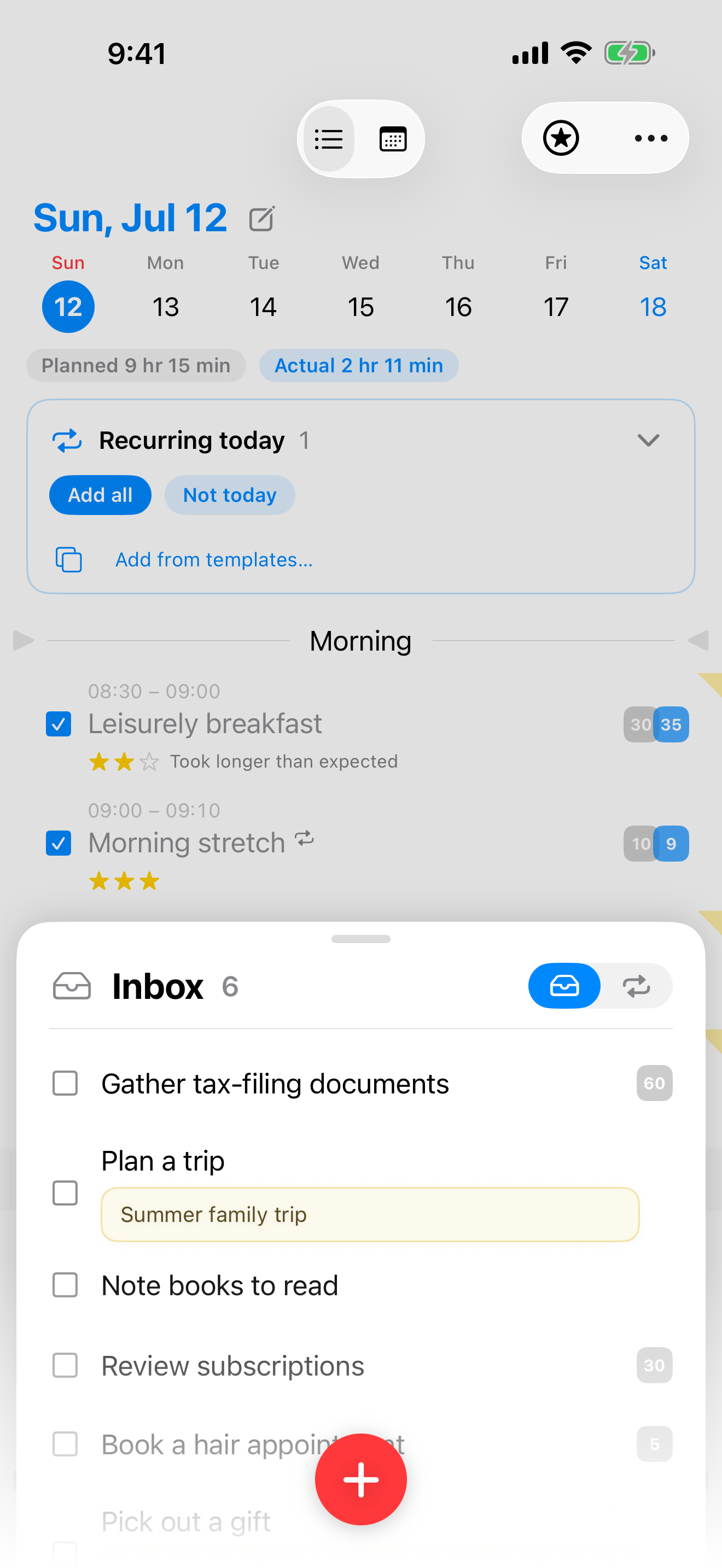 The inbox tray sliding up from the bottom with undated to-dos