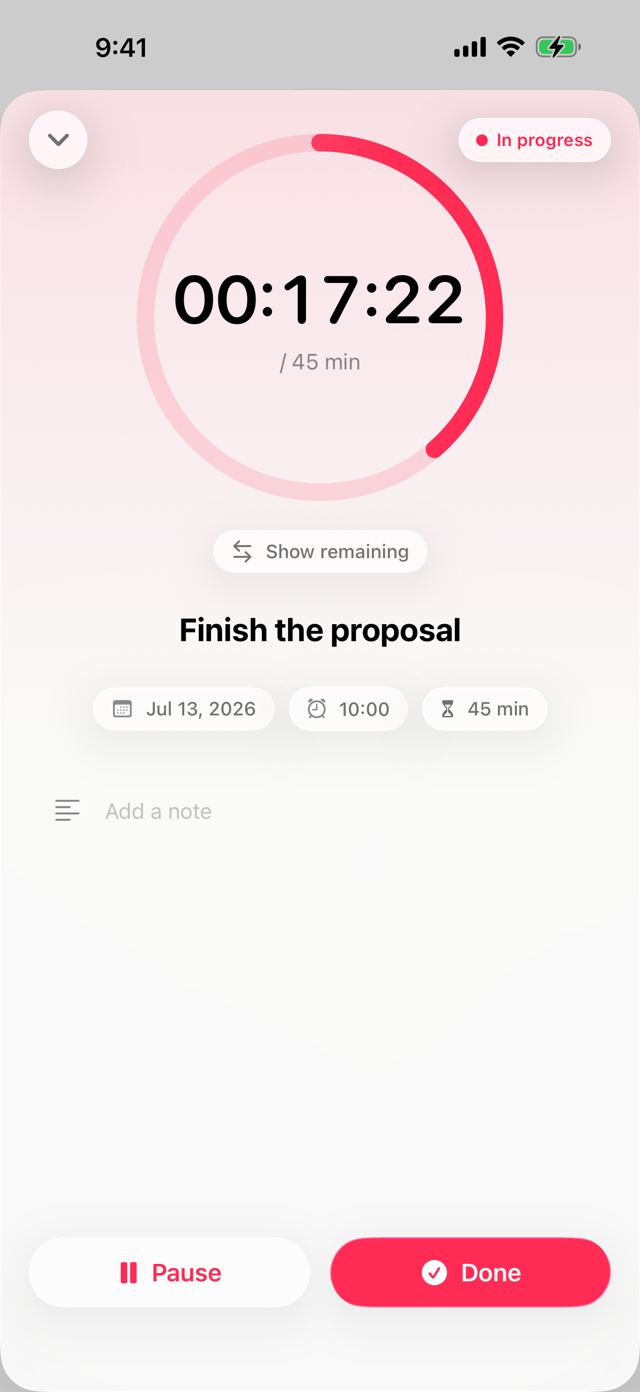 Full-screen focus mode: Finish the proposal running at 00:17:22 of a 45-minute estimate