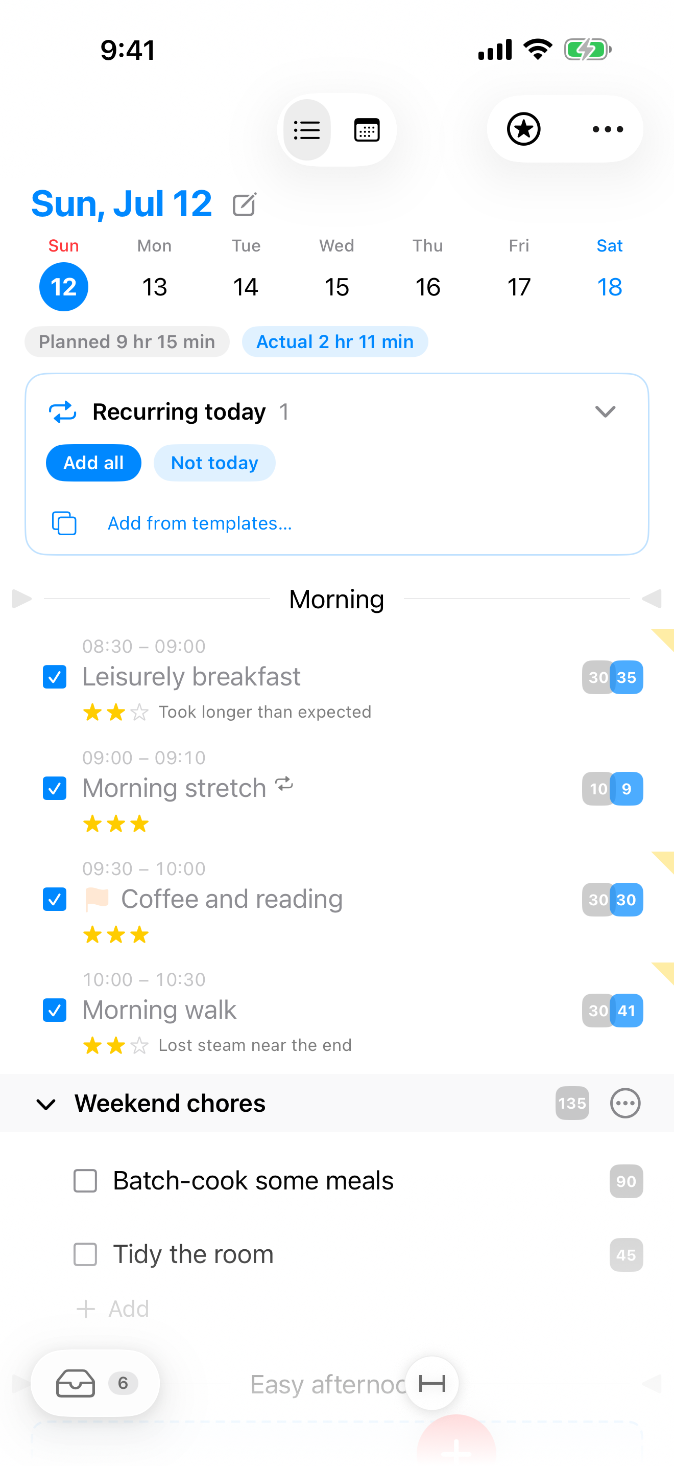 Flash Log day view: today's to-dos organized with time-of-day dividers and groups, with a new item being dragged into place