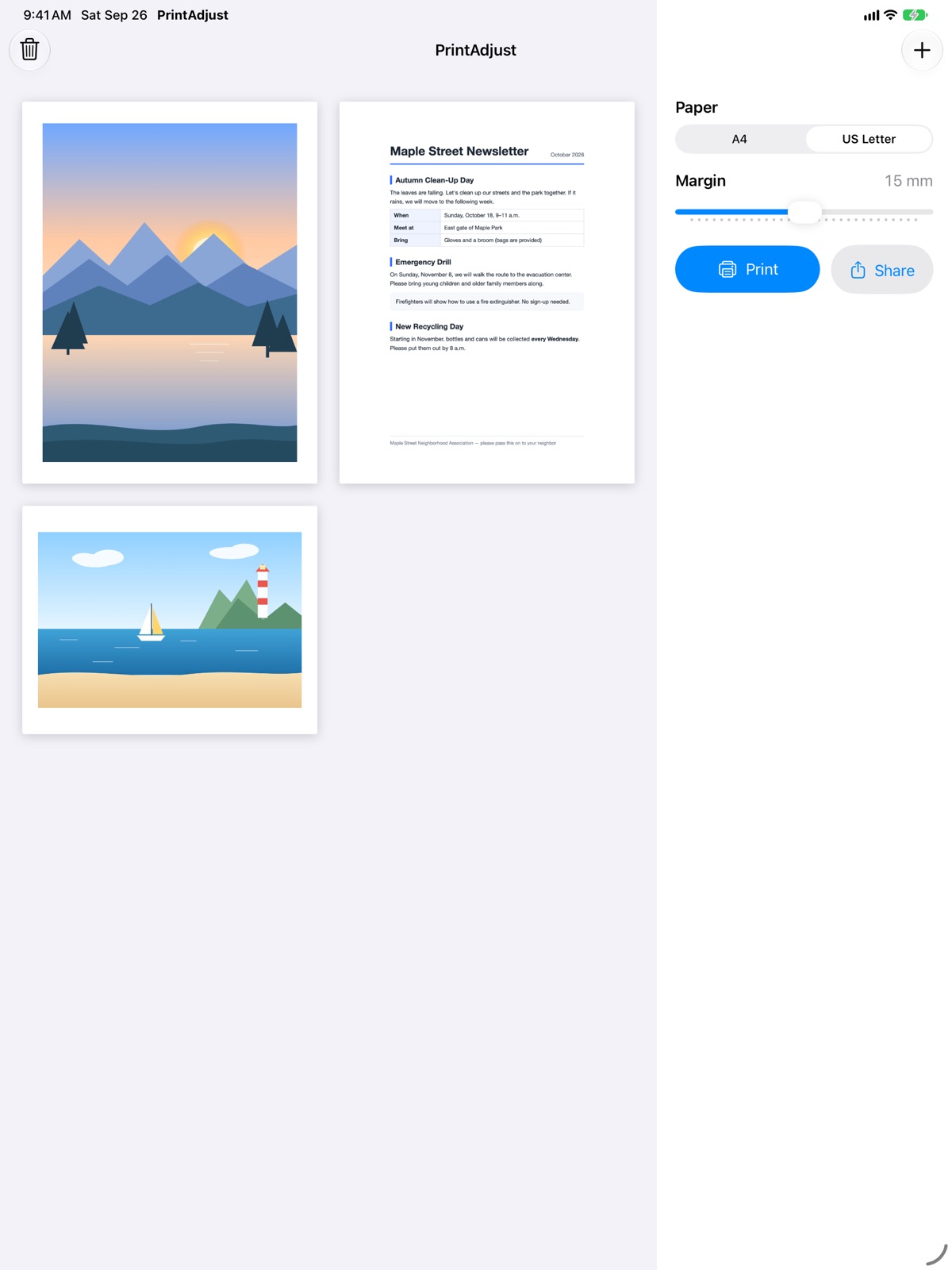 PrintAdjust on iPad: the page preview on the left and the settings on the right